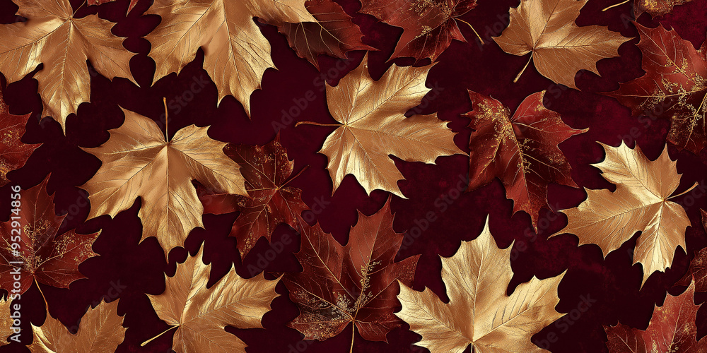 autumn leaves dipped in gold paint, each with a shadow, arranged randomly on a deep burgundy background autumn leaves dipped in gold paint, each with a shadow, arranged randomly on a deep burgundy background