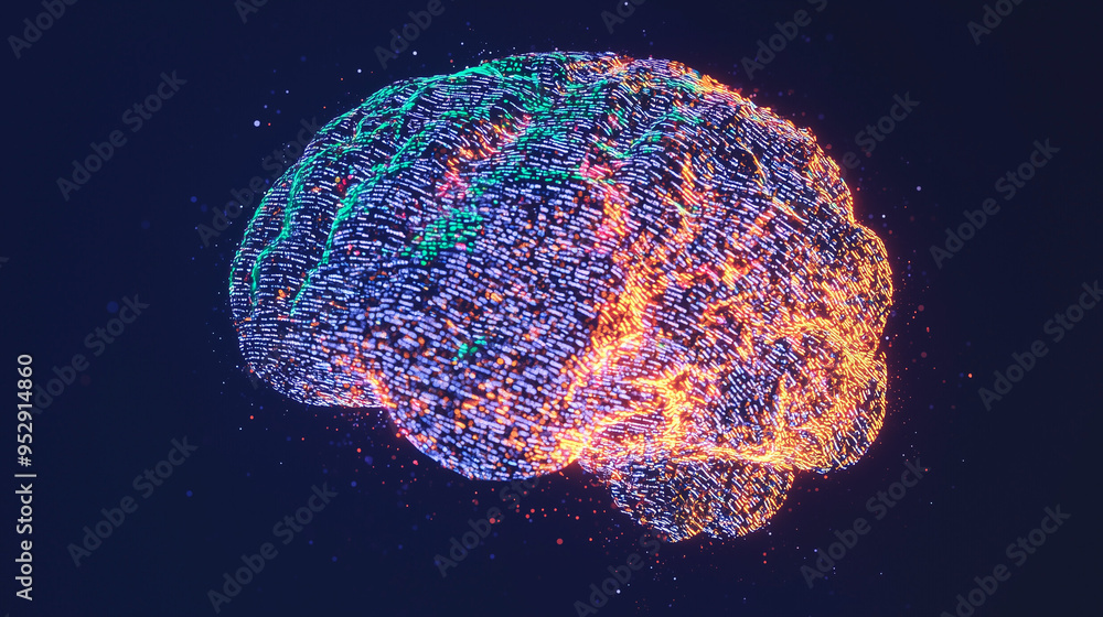 a robotic LLM brain visualisation, cyber brain with streams of text radiating from it a robotic LLM brain visualisation, cyber brain with streams of text radiating from it
