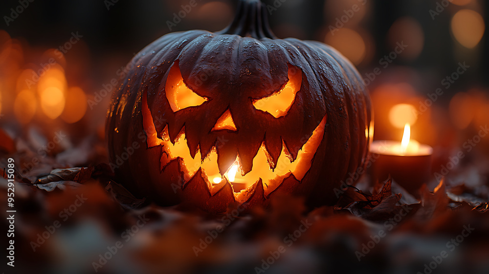 Fototapeta premium A pumpkin with a scary face is lit up with candles