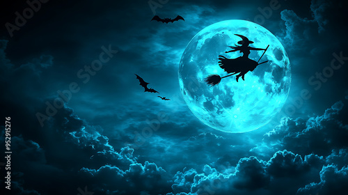 A witch flying over a full moon with bats flying around her photo