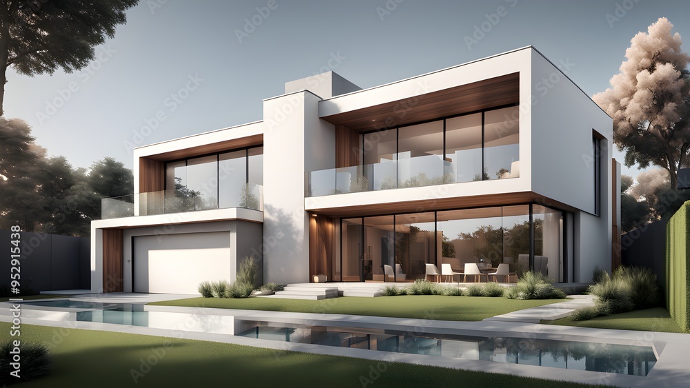 A large white house with a pool and a glass wall A large white house with a pool and a glass wall
