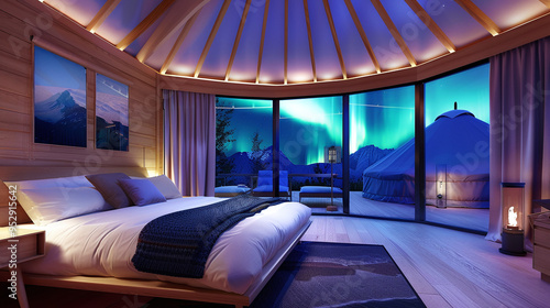 Wallpaper Mural a cozy yurt interior with a view of the Northern Lights Torontodigital.ca