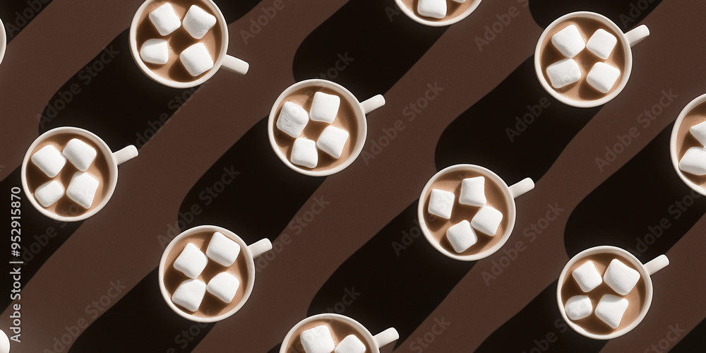 Fototapeta premium hot cocoa mugs with marshmallows, each with a shadow, placed randomly on a deep brown background, captured from above using natural light to enhance the warm