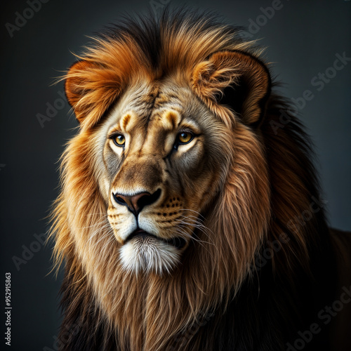 a majestic lion with a mane of golden-brown fur, standing in a studio setting with a gradient gray background.