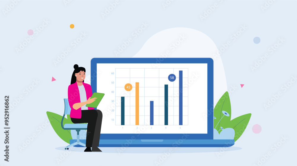 Illustration of a woman analyzing data on a tablet while seated next to a large laptop displaying a bar chart, representing business analytics and digital work.
Illustration of a woman analyzing data on a tablet while seated next to a large laptop displaying a bar chart, representing business analytics and digital work.