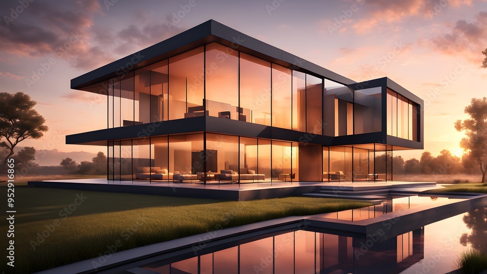 Fototapeta premium A large, modern house with a large pool and a large glass window
