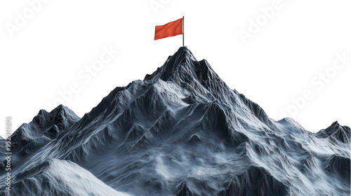 Mountain summit with a flag on top isolated on white created with Generative AI