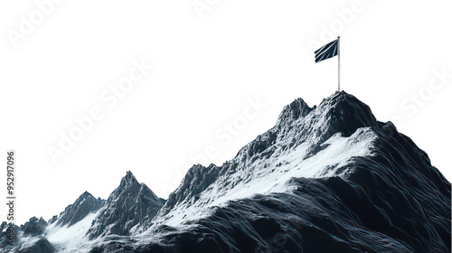 Mountain summit with a flag on top isolated on white created with Generative AI