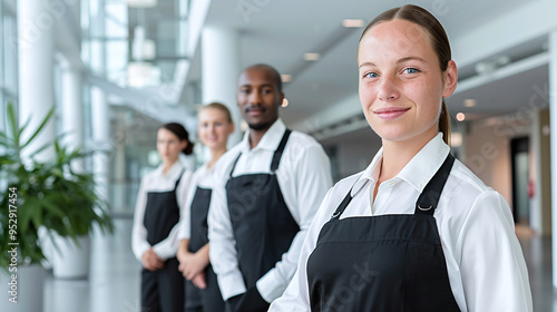 a team of housekeepers in crisp uniforms ready for work