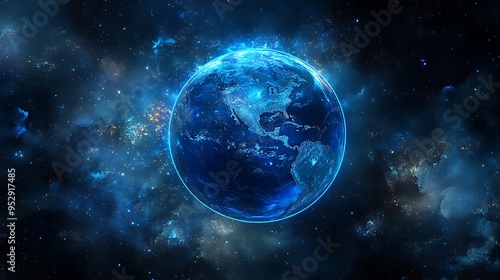 A Blue Earth Glowing in a Starry Space