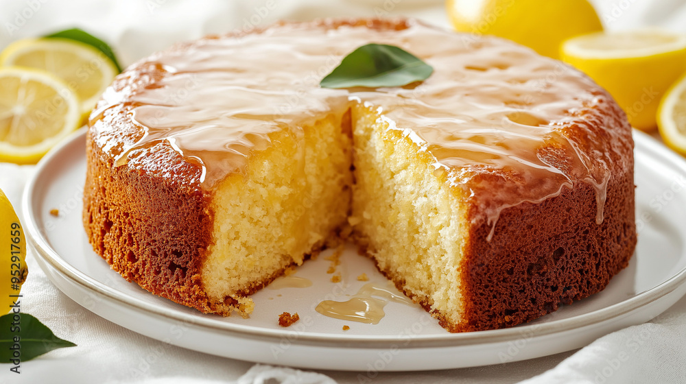 close-up of a beautifully glazed lemon cake on a white ceramic plate close-up of a beautifully glazed lemon cake on a white ceramic plate