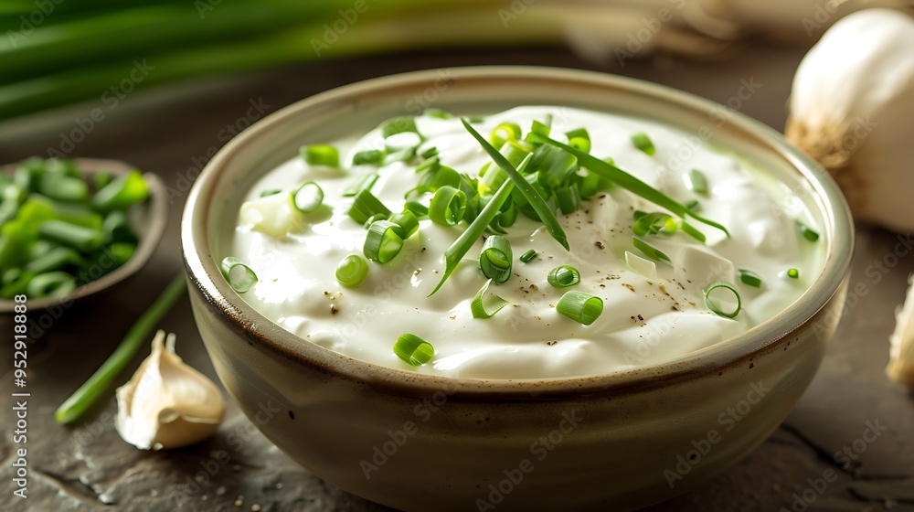 Bowl of sour cream with green spring onions on wooden background Bowl of sour cream with green spring onions on wooden background