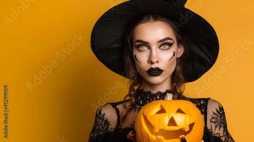 Mystical Halloween Portrait: Magician Woman in Black Costume with Makeup Holding a Carved Pumpkin on a Yellow Background