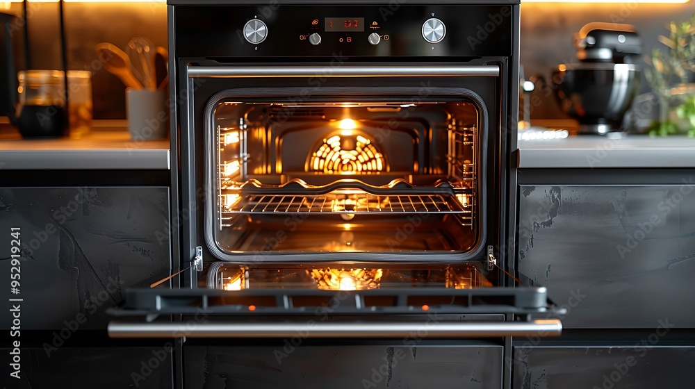 © Helois - Modern black oven with the door open and the interior light on.