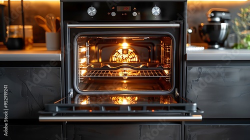 Modern black oven with the door open and the interior light on. photo