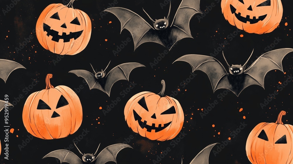 Spooky Halloween Design Featuring Pumpkins and Flying Bats Spooky Halloween Design Featuring Pumpkins and Flying Bats