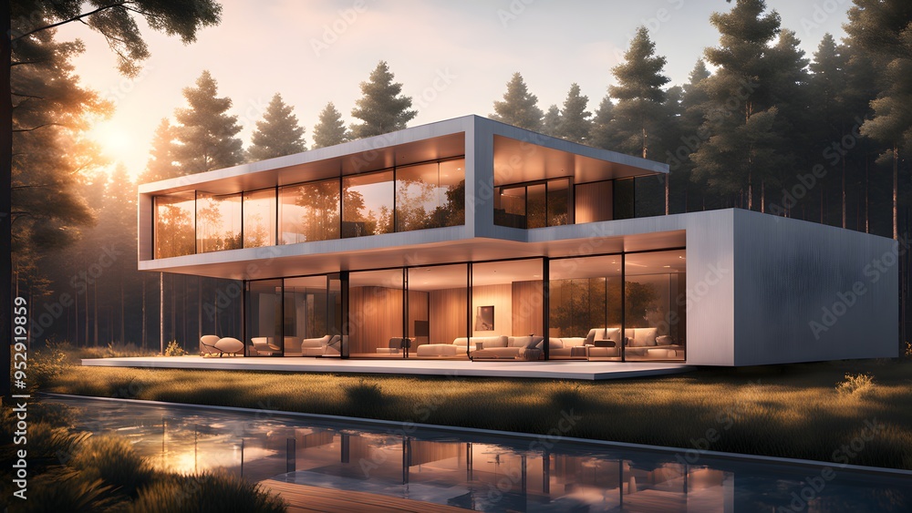A large, modern house with a large pool and a forest in the background A large, modern house with a large pool and a forest in the background