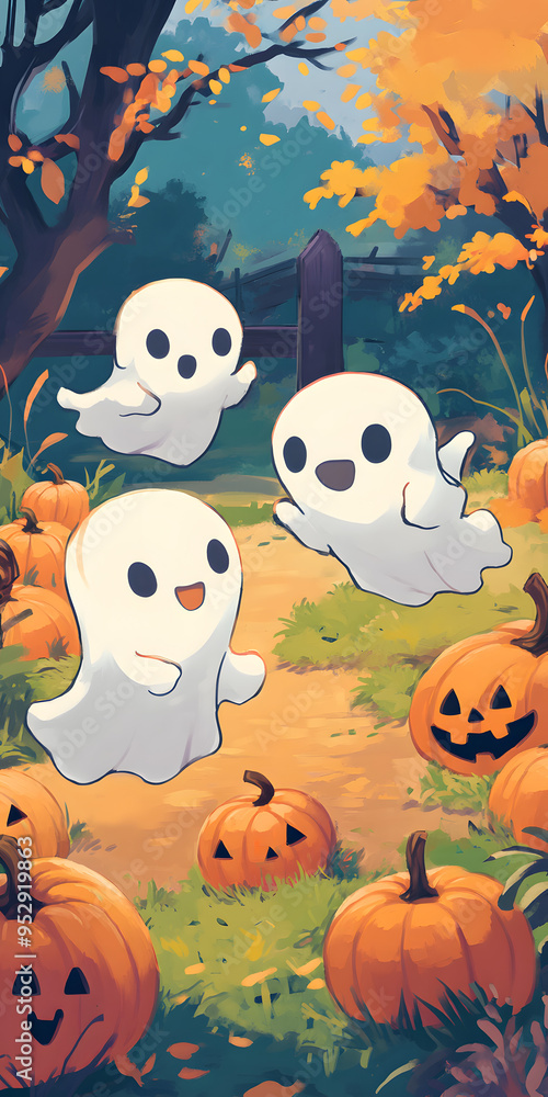 Whimsical ghosts playing in a pumpkin patch Whimsical ghosts playing in a pumpkin patch