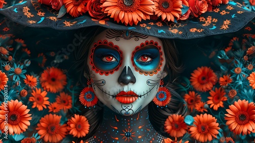 Woman with traditional Day of the Dead makeup and floral headdress.