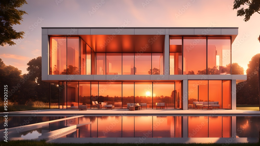A large white house with a pool and a sunset in the background A large white house with a pool and a sunset in the background