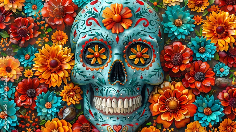 A colorful sugar skull surrounded by flowers. A colorful sugar skull surrounded by flowers.