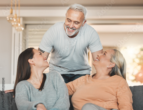 Senior parents, woman and talking in home, weekend visit and relax together for bonding. Retirement, happy daughter and love family in living room, conversation and care for relationship security