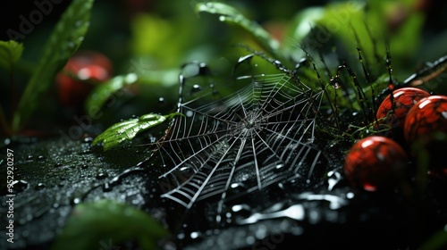 Water droplets on a spider web among garden foliage