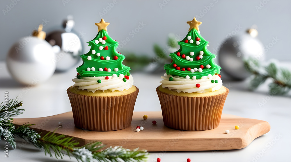 Festive Christmas cupcakes decorated as holiday trees with colorful ornaments and stars on top. Festive Christmas cupcakes decorated as holiday trees with colorful ornaments and stars on top.