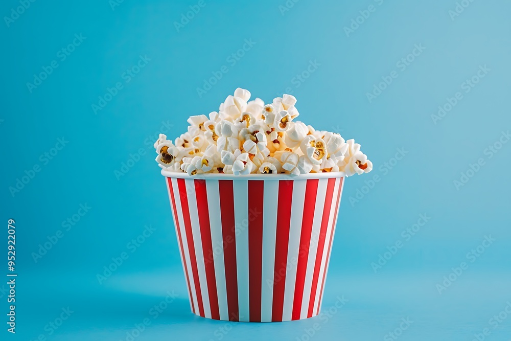 Tasty popcorn in striped bucket on blue background Tasty popcorn in striped bucket on blue background