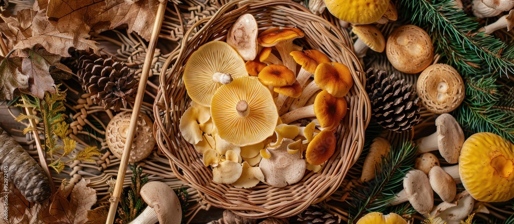 Autumnal Mushroom Harvest in a Wicker Basket Autumnal Mushroom Harvest in a Wicker Basket
