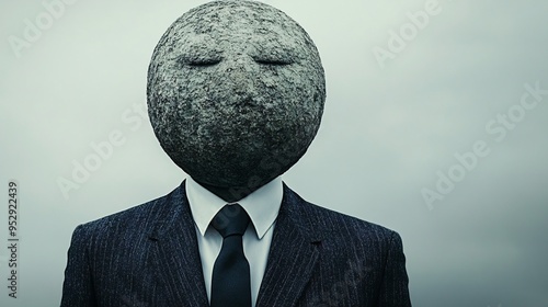 The Stone-Faced Businessman: A surreal portrait of a man in a suit with a stoic, emotionless rock for a head.  photo