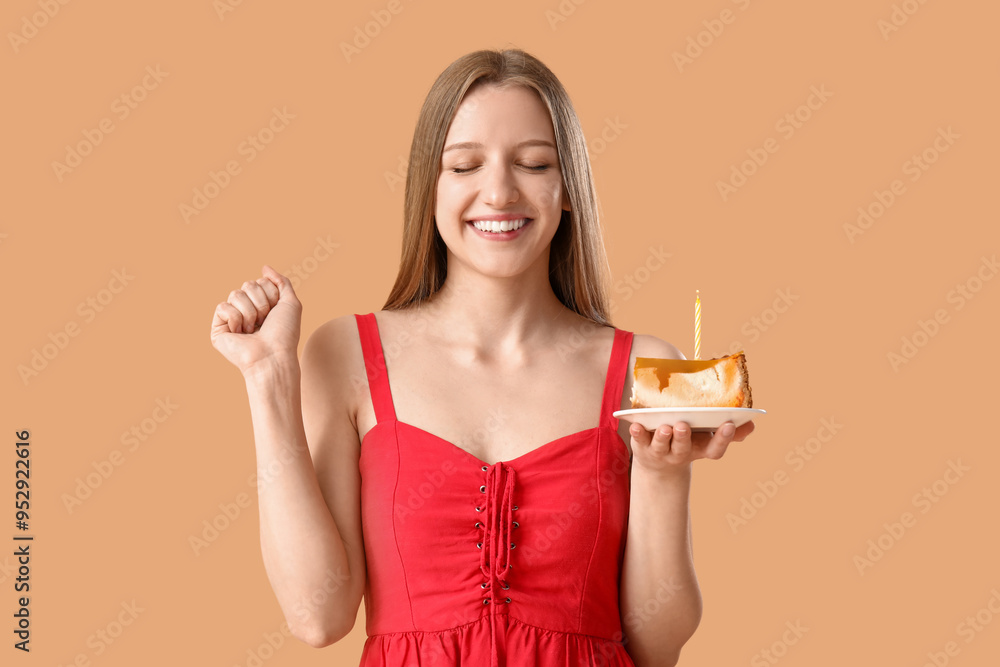 Beautiful young woman with sweet birthday cake making wish on beige background Beautiful young woman with sweet birthday cake making wish on beige background