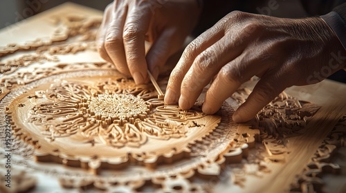 Hands Assembling Intricate Wooden Puzzle with Intricate Pattern in Close up View