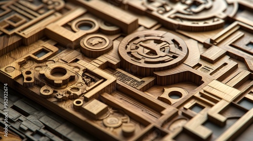 Fototapeta Naklejka Na Ścianę i Meble -  Laser Cut Wooden Puzzle Pieces with Intricate Geometric Designs in Close Up View