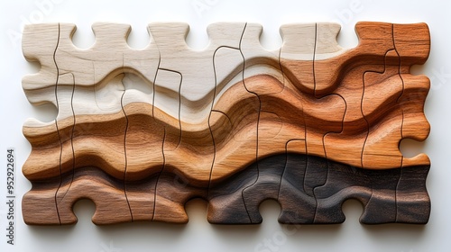 Fototapeta Naklejka Na Ścianę i Meble -  Partially Completed Wooden Jigsaw Puzzle with Natural Wood Grain Patterns for Home Decor Minimalist Art and Modern Design