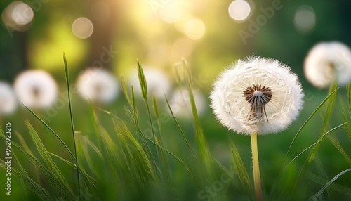 white dandelion in a green grass on a forest meadow macro image abstract nature background photo