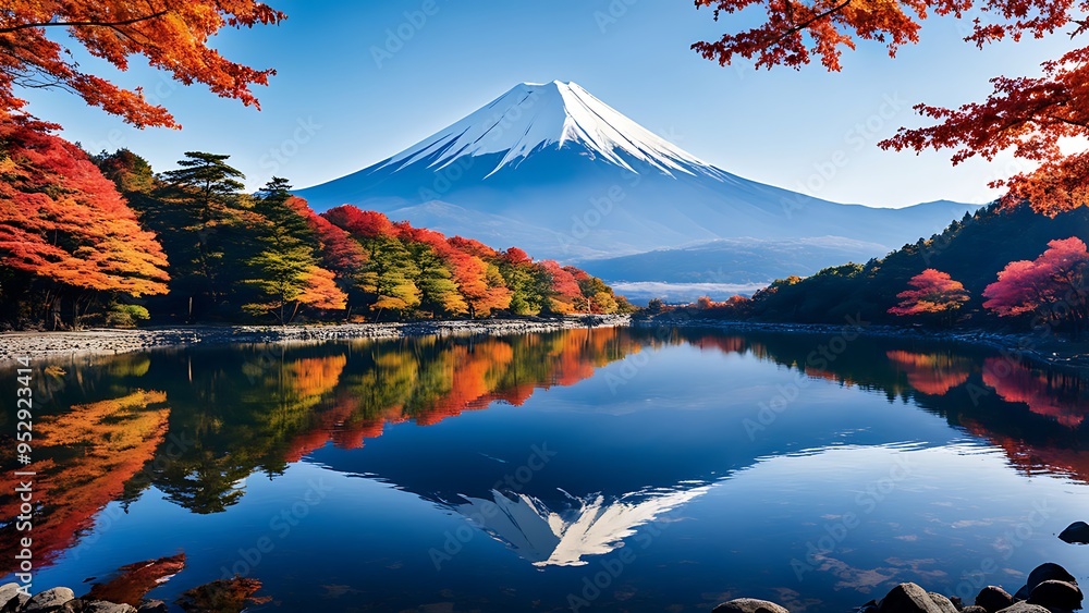 Fototapeta premium 秋の湖に映る富士山