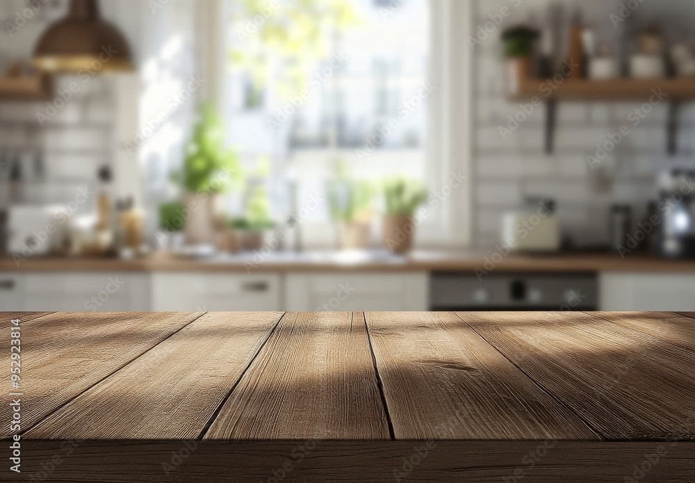 Wooden Countertop in Modern Kitchen with Blurred Background Wooden Countertop in Modern Kitchen with Blurred Background