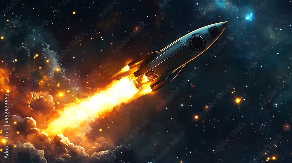 Fototapeta premium Spaceship Launching Through Cosmic Clouds with Fiery Exhaust