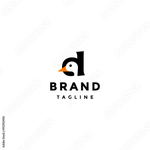 White Duck Head Inside Initial Letter D Logo Design. Initial Letter D With Duck Head Logo Design.