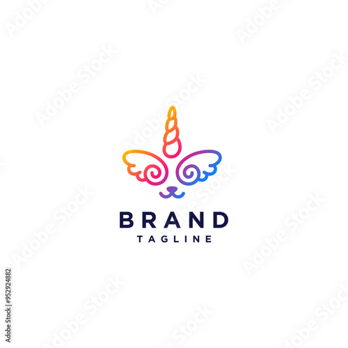 Puppy Face With Unicorn Horn And Wings Logo Design. Colorful Imagination Animals With Horns And Winged Eyes Logo Design.