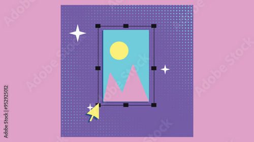 Retro-style image editing interface with a cursor and selection box, symbolizing graphic design, photo editing, and digital creativity.

