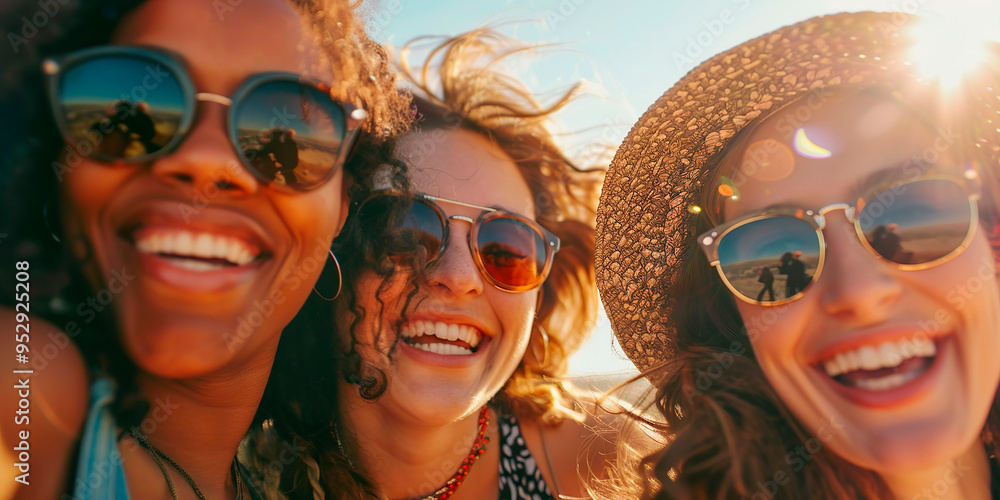 Three friends having fun on the beach taking a picture Three friends having fun on the beach taking a picture