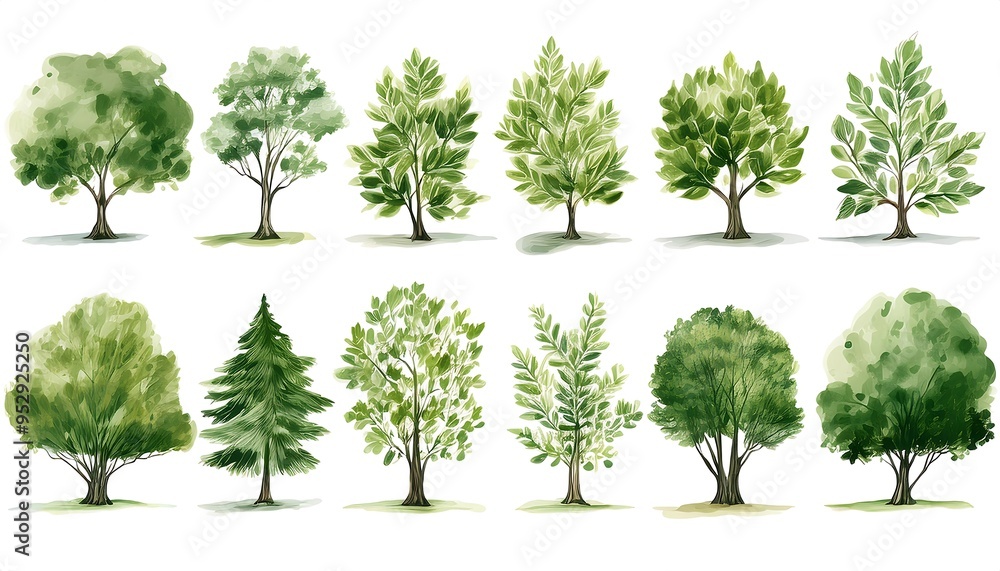 Fototapeta premium Lush Green Summer Tree Foliage Set - set of serene illustrations featuring different trees. Graphic art illustration