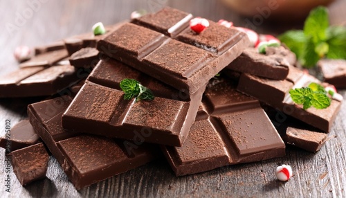 chocolate background with rustic chocolate bark with peppermint pieces photo