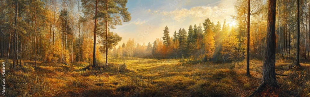 Golden Autumn Forest Landscape with Sunbeams and Trees Golden Autumn Forest Landscape with Sunbeams and Trees
