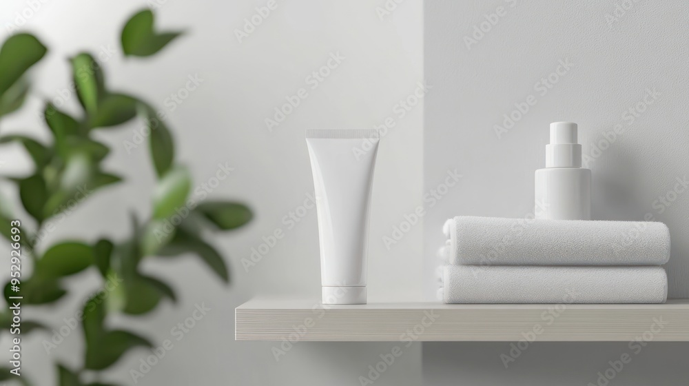 White Cosmetic Bottles and Towels on a Shelf White Cosmetic Bottles and Towels on a Shelf
