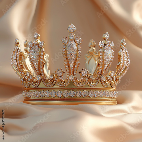 Luxurious golden crown encrusted with diamonds displayed on satin fabric

 photo