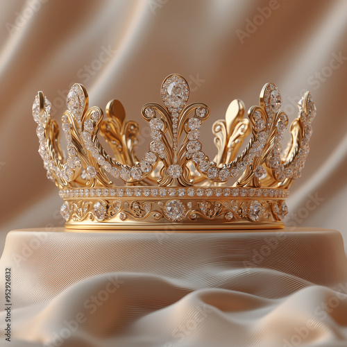 Luxurious golden crown encrusted with diamonds displayed on satin fabric

 photo