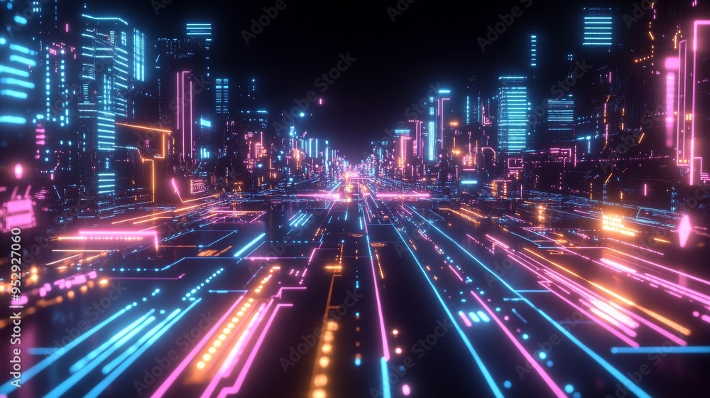 Fototapeta premium Futuristic Neon Cityscape with Glowing Lines and Buildings
